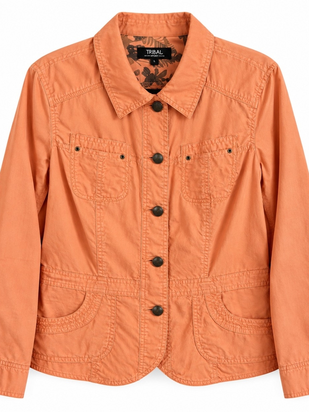 Tribal Sport Orange Utility Cargo Jacket Button Front Lg Boho Chore Shacket